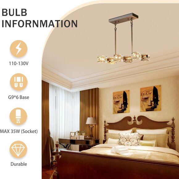 Modern Rectangular 6-Light Chandelier | Brushed Nickel, Adjustable &‎ Dimmable - Picture 5 of 9